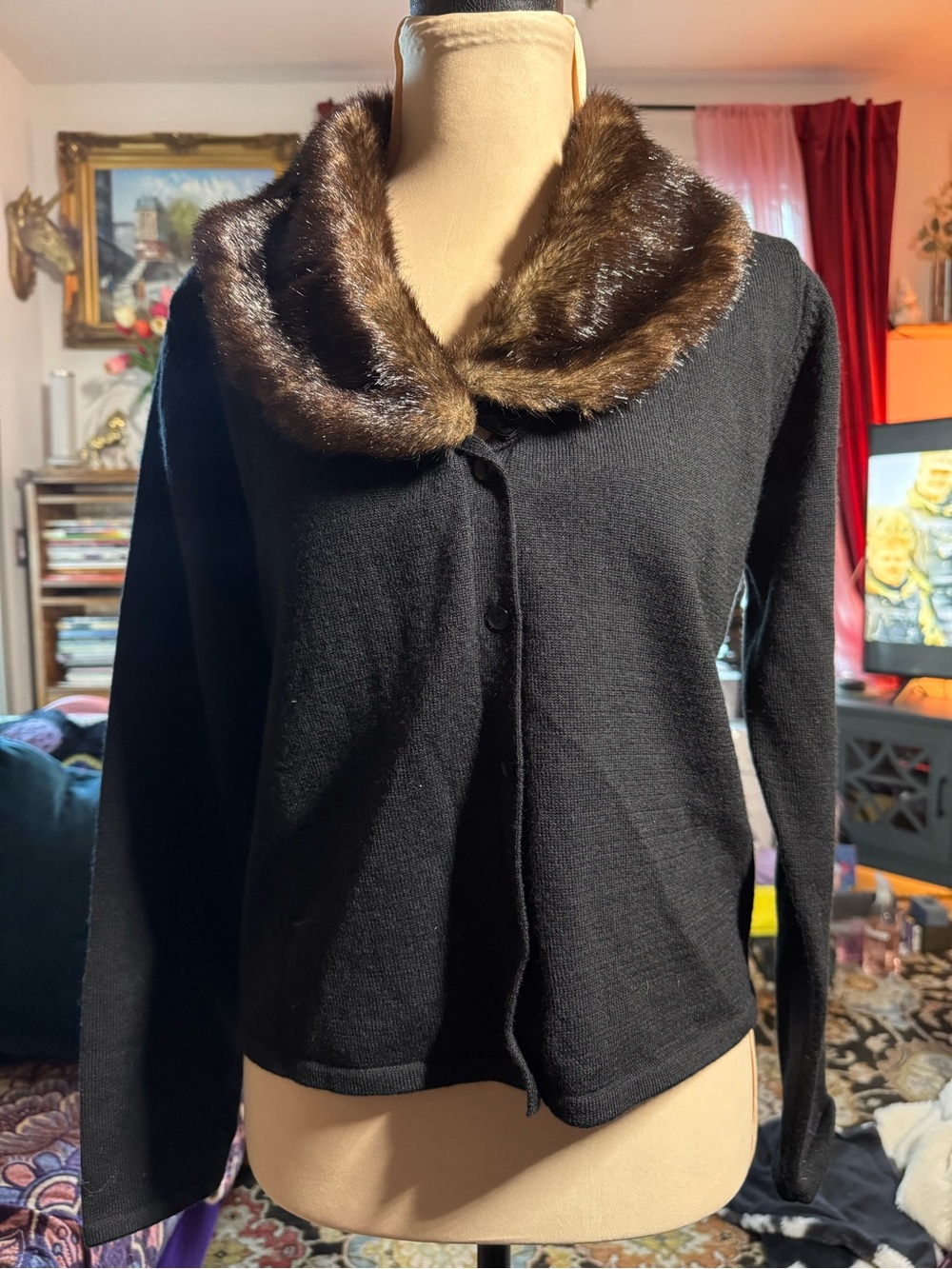 Willi Smith Black Cardigan with Brown Faux Fur Collar